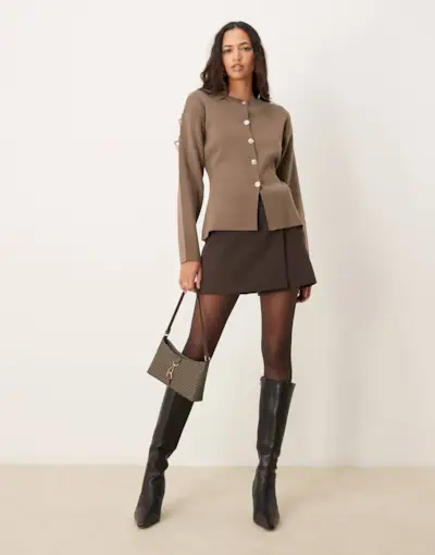 Asos Design Knit Structured Crew Neck Cardigan With Gold Buttons in Black