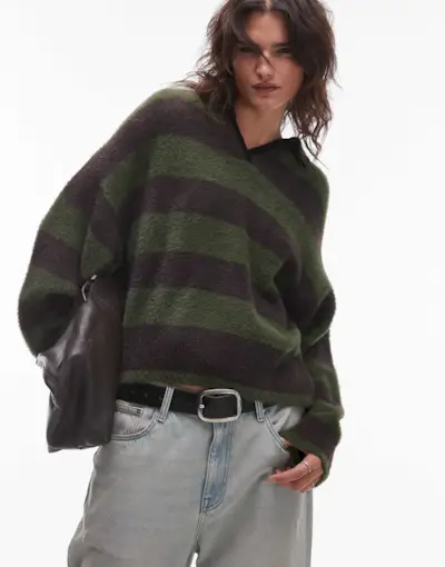 Topshop Knitted Fluffy Stripe Relaxed Polo in Grey and Green