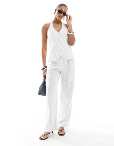 4th & Reckless Tailored Wide Leg Trousers Co-Ord in White Pinstripe