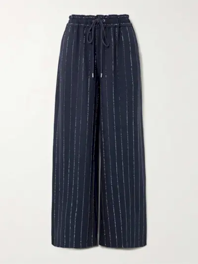 Crystal-Embellished Pinstriped Wide-Leg Crepe Pants