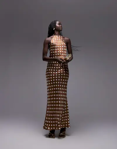Topshop Polka Dot Halter Neck Maxi Dress in Brown