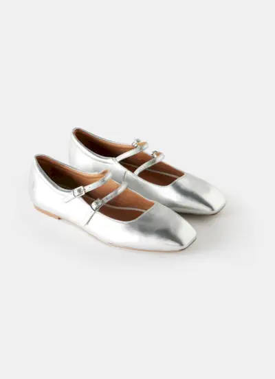 Mj Silver Leather Ballet Pumps