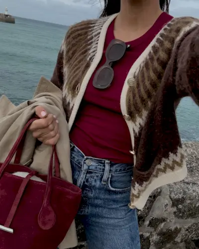 Influencer wears a fair isle cardigan