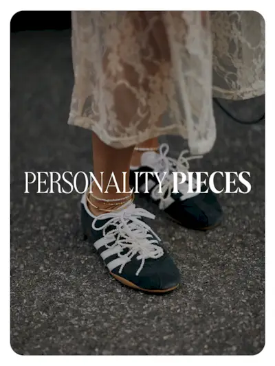A close-up street style photo of a guest wearing a lace dress with Adidas sneakers embellished with pearl bows. Text reads, 'Personality Pieces.