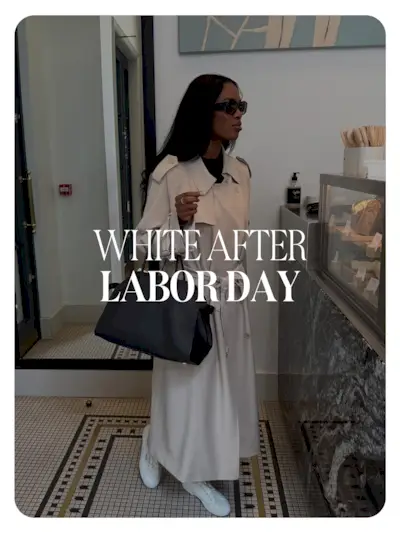 @nlmarilyn wearing a trench coat, The Row bag, and white sneakers at a coffee shop. Text reads, 'White After Labor Day.
