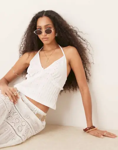 Asos Design Broderie Halterneck With Pleat Detail in White