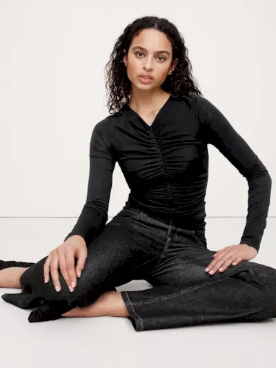 Crepe Ruched V-Neck Top