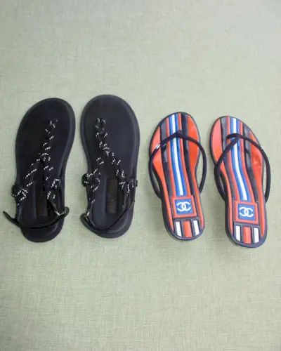 A pair of Miu Miu rope sandals and a pair of Chanel heeled flip-flops.