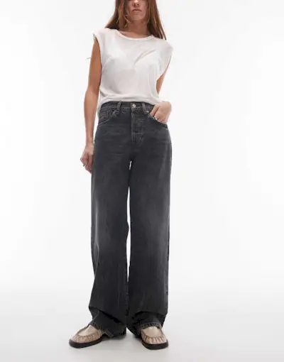 Topshop Mid Rise Loose Fit Straight Jean in Washed Black