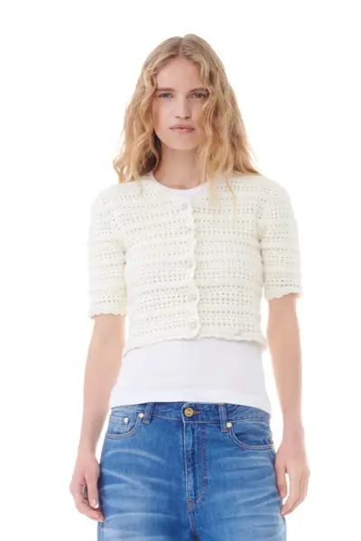 White Pointelle Short Sleeve Cardigan