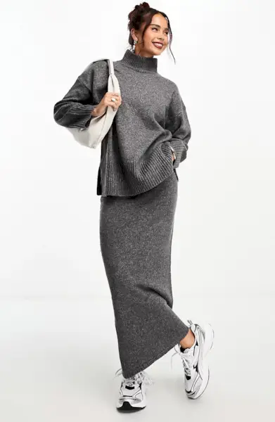 ASOS + Knitted Midi Skirt in Charcoal