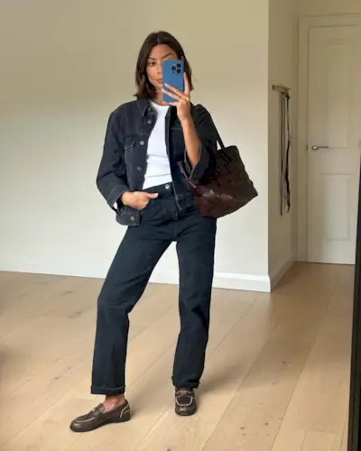 Woman wearing loafers with jeans outfit 2025.