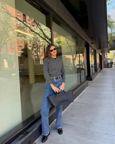 Woman wearing loafers with jeans outfit 2025.