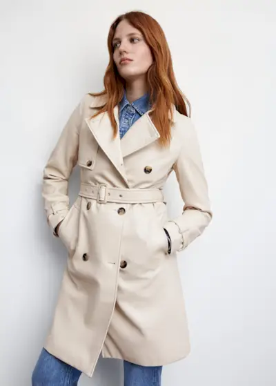 Mango + Leather-Effect Trench Coat