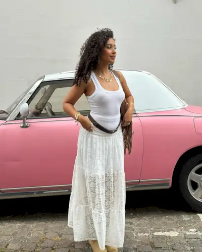 Fashion person Layla Abbey wears the tiered white maxi skirt london girl trend