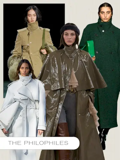 a collage of runway images from the fall/winter 2024 collections featuring the season's top coat trends