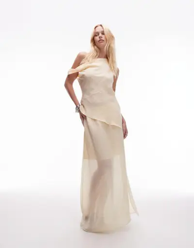 Topshop Double Layer Sheer Straight Skirt in Buttermilk