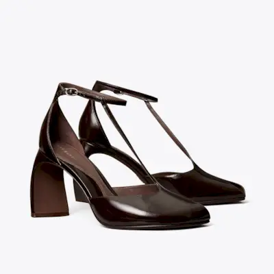 Peep-Toe T-Strap Heeled Sandal in Brown, Size 9.5
