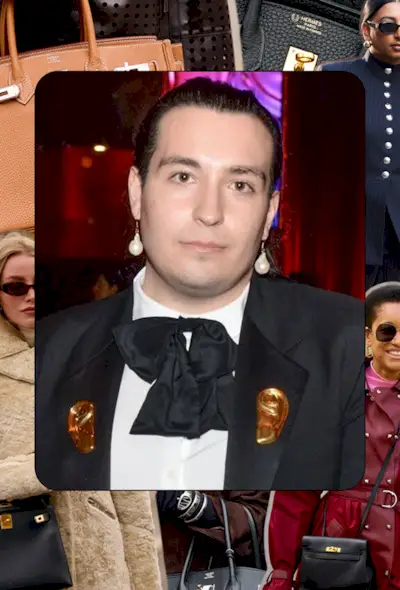 a collage with street-style images of women wearing Hermes bags under a headshot of Daniel Englander, a Private Client Relations Specialist at FASHIONPHILE