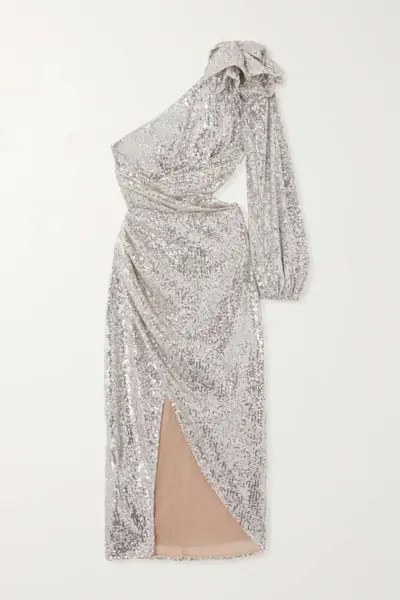 Patbo + One-Shoulder Cut-Out Sequined Satin Midi Dress
