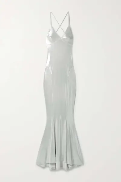Norma Kamali + Open-Back Stretch-Lamé Gown