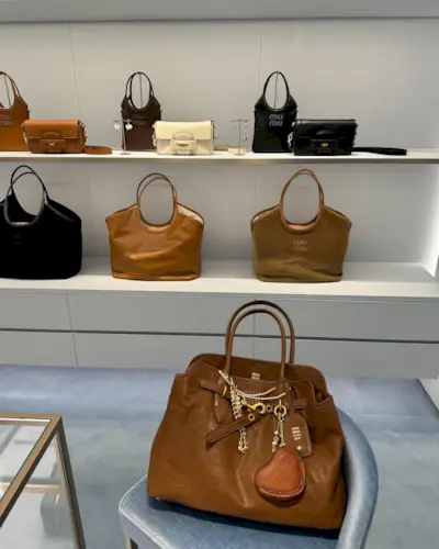 An image of @aliwhittle_ in the Miu Miu store showcasing some of the best Miu Miu bags.