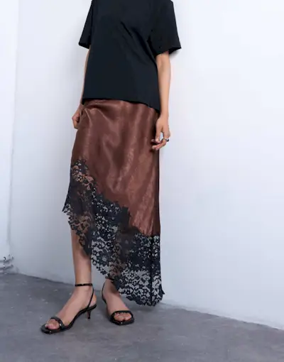 Topshop Satin Asymmetric Lace Hem Maxi Skirt in Chocolate