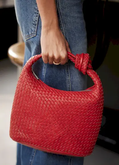 Red Leather Woven Knot Handle Bag