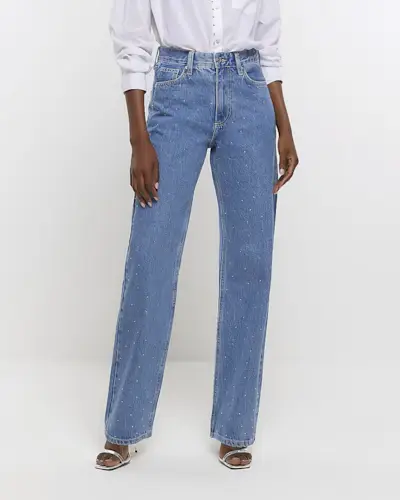 River Island + Blue High Waisted Diamante Straight Jeans