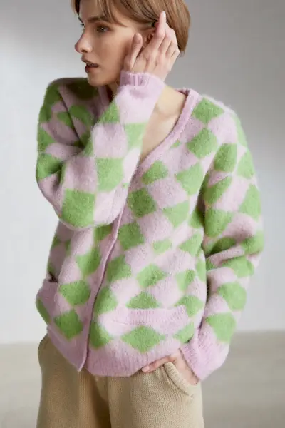 Source Unknown + Alpaca-Blend Checker Cardigan