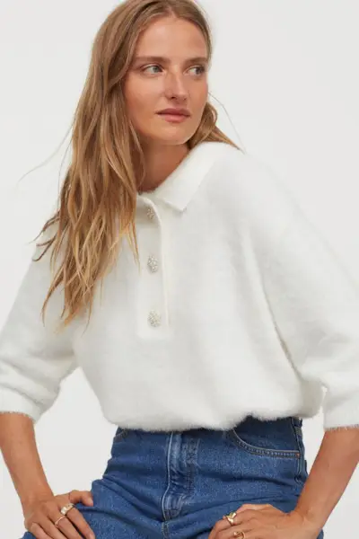H&M + Rhinestone-Button Fluffy Top