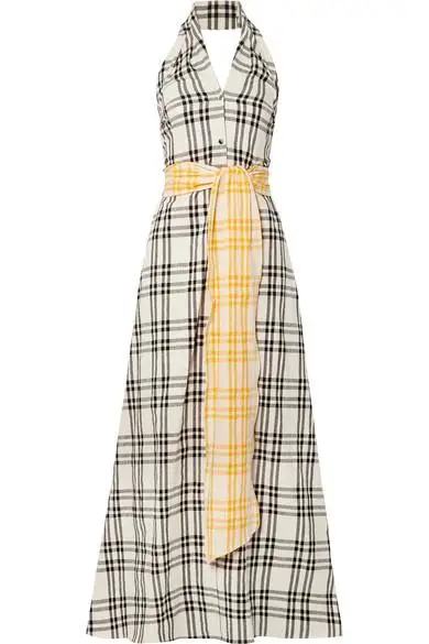 Rosie Assoulin + Belted Checked Cotton-Voile Halterneck Gown