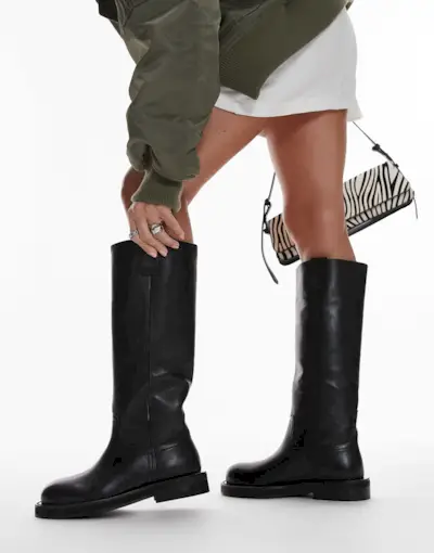 Topshop Rosie Leather Knee High Chunky Boots in Black