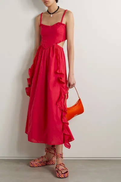 Farm Rio + Ruffled Cutout Fil Coupé Cotton Midi Dress