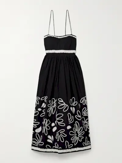 Hollis Embroidered Appliquéd Pintucked Cotton-Poplin Midi Dress