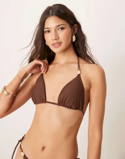 Abercrombie & Fitch Swim Triangle Bikini Top With Bead Detail Co-Ord in Brown
