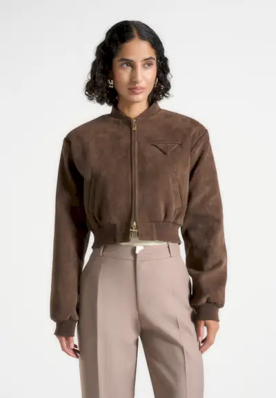 Monique - Suede Wide Shoulder Bomber Jacket - Brown