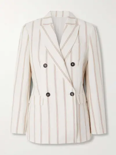 Double-Breasted Striped Linen and Cotton-Blend Blazer