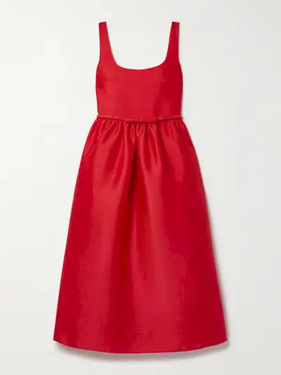 Belted Taffeta Midi Dress