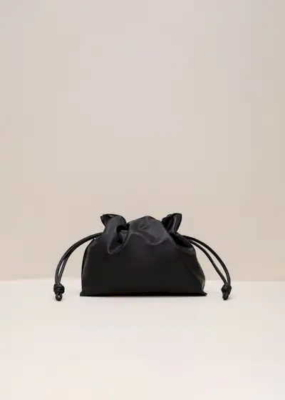 Black Leather Drawstring Soft Pouch Bag
