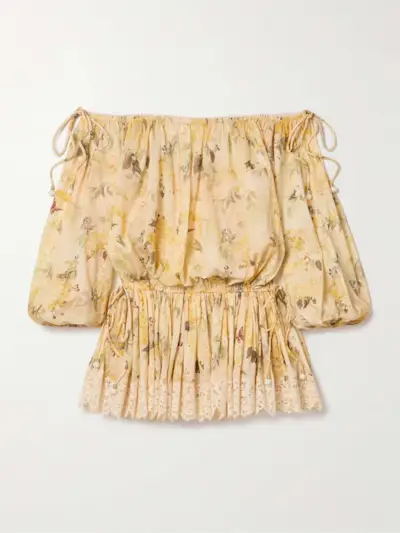 Cascadian Off-The-Shoulder Lace-Trimmed Printed Cotton-Voile Mini Dress