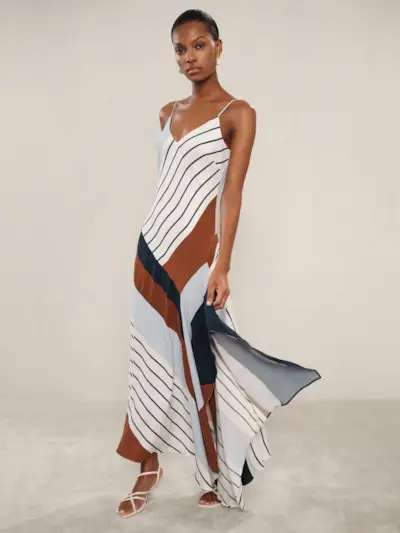 Stripe-Print Handkerchief Maxi Dress in Blue/brown