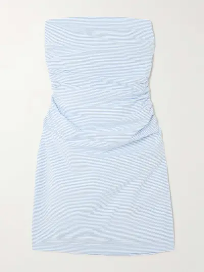 Vera Strapless Ruched Striped Cotton-Seersucker Mini Dress
