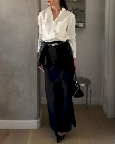 @dawn.tan wearing white shirt and column skirt