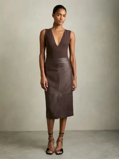 Leather Pencil Skirt in Burgundy