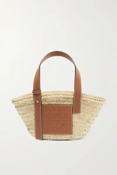 Loewe + Small Leather-Trimmed Woven Raffia Tote