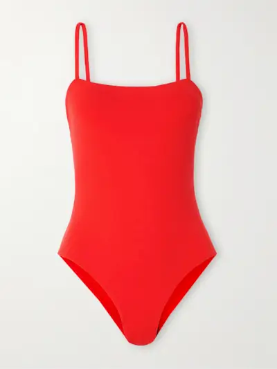 red one-piece swimsuit with spaghetti straps