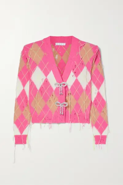 Area + Crystal-Embellished Distressed Knitted Cardigan