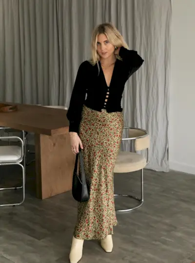 Lucy Williams wearing a print maxi skirt, boots, a black cardigan, and black bag.