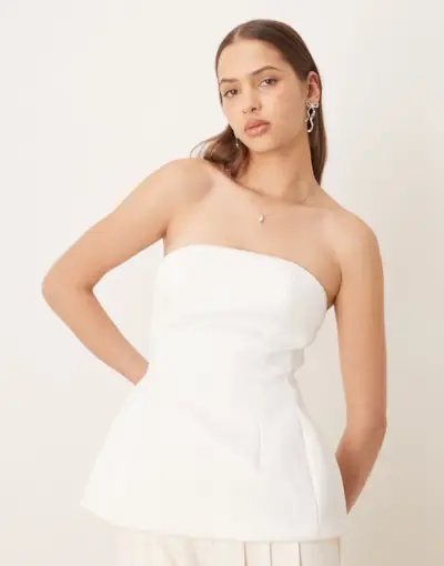 Asos Design Premium Structured Satin Peplum Hem Bandeau Top in White
